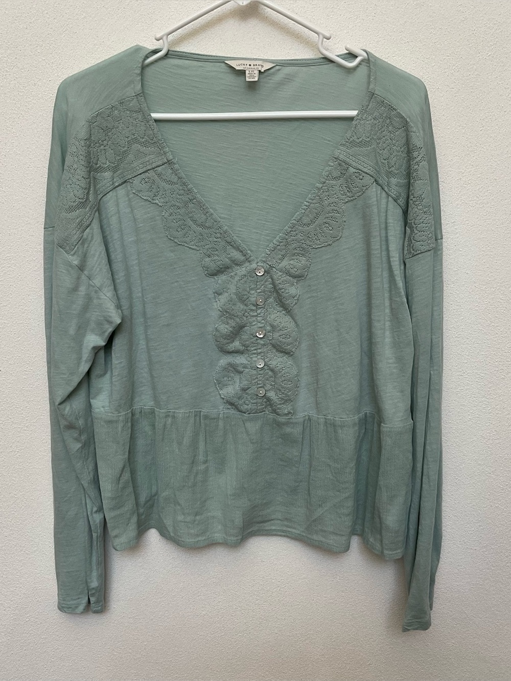 Lucky Brand Lace Pintuck Peplum Long Sleeve Button Front Top Size L Green
